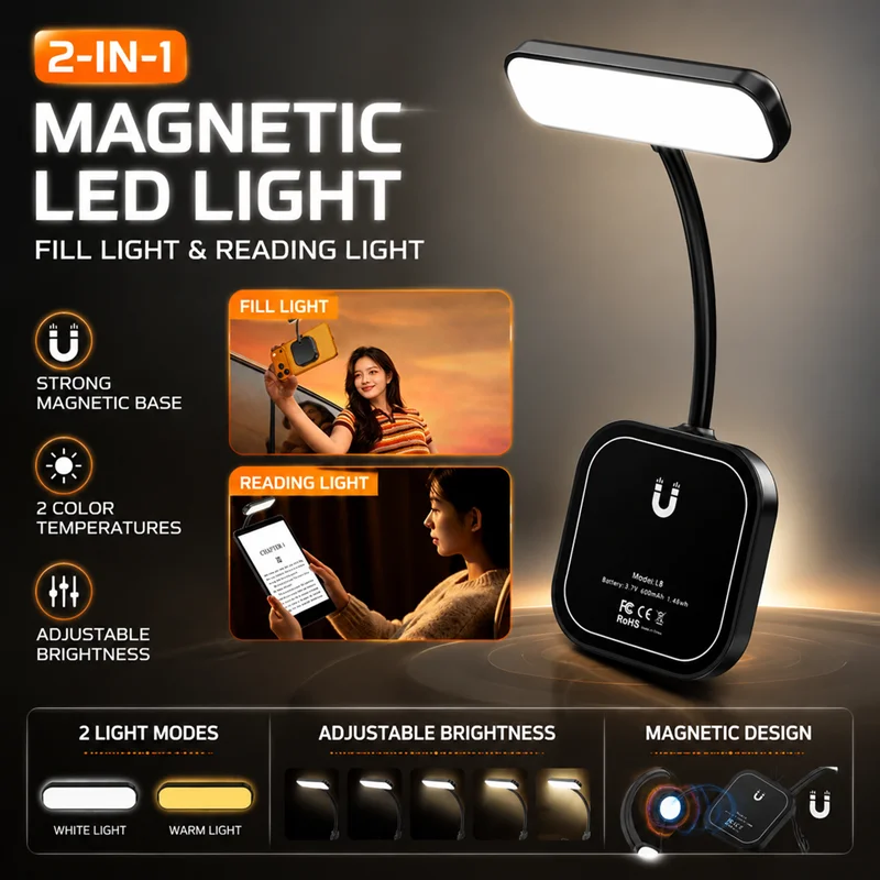 2‑In‑1 Clip‑on Magnetic Fill Reading Light Adjustable Brightness Portable Night Lamp for Bedroom Study Working Travel Home
