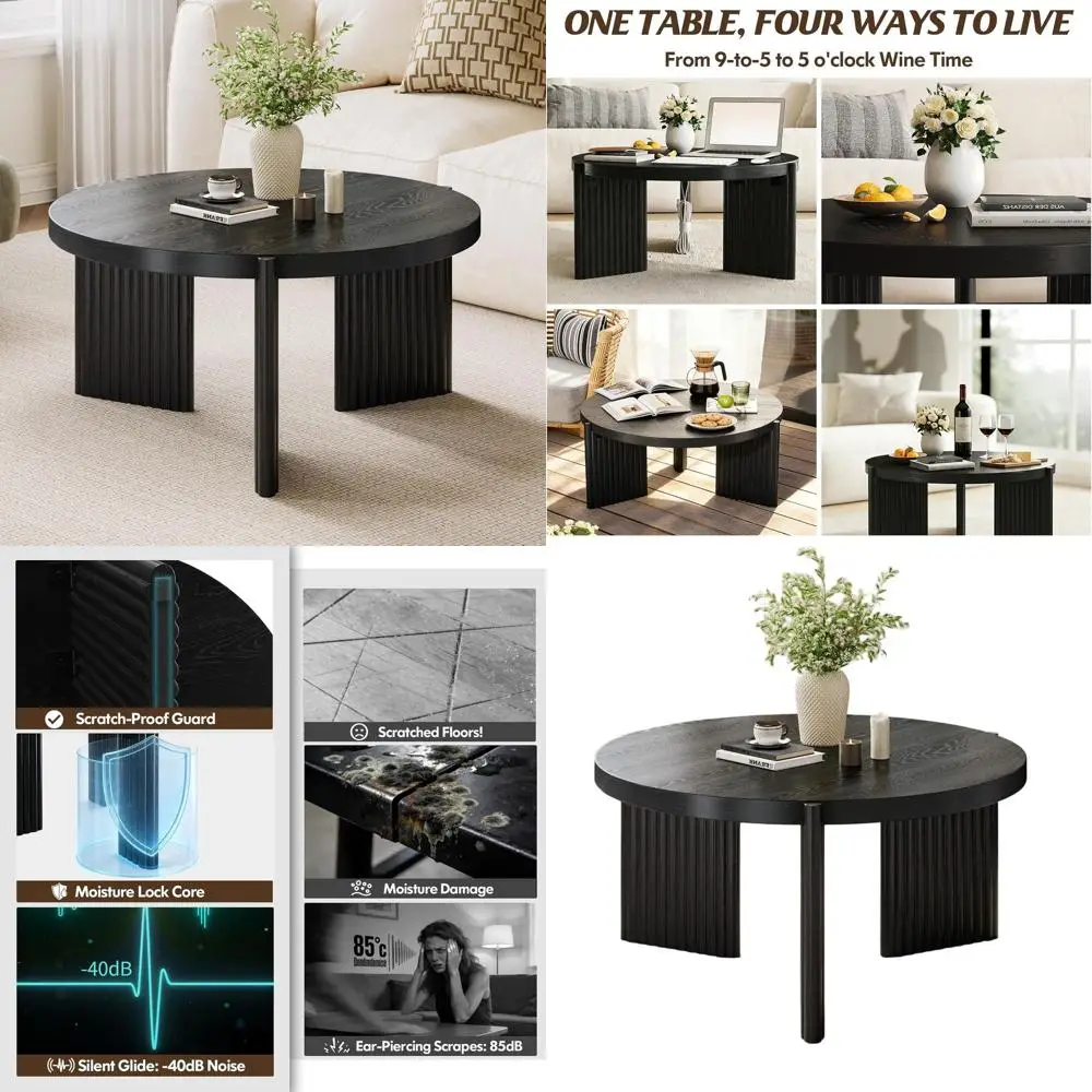 

Round Black Coffee Table with Ribbed Base and Non-Slip Pads for Small Living Spaces, Easy Assembly