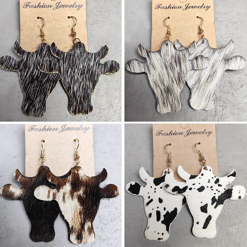 Wholesale Textured Horsehair Leather Earrings Simple Cow Pattern Cow Head Earrings Western Denim Fashion Personality Earrings