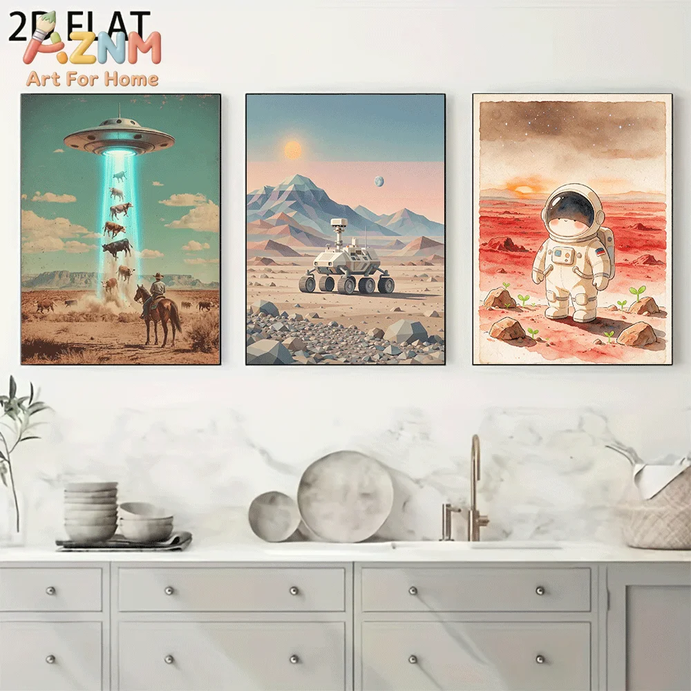 AZNM Frameless Canvas Wall Art, Retro UFO Cow Abduction Mars Rover Astronaut Print, Outer Space Sci-fi Desert Landscape Art Wall