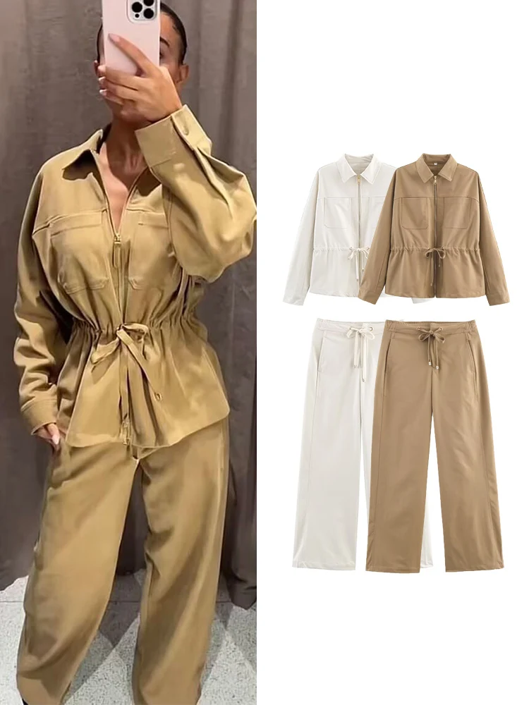 

TFMLN женские модные брюки, комплект из 2 предметов, однотонные рубашки с карманами и молнией спереди, пальто, брюки с высокой талией, женские повседневные брюки, наряды