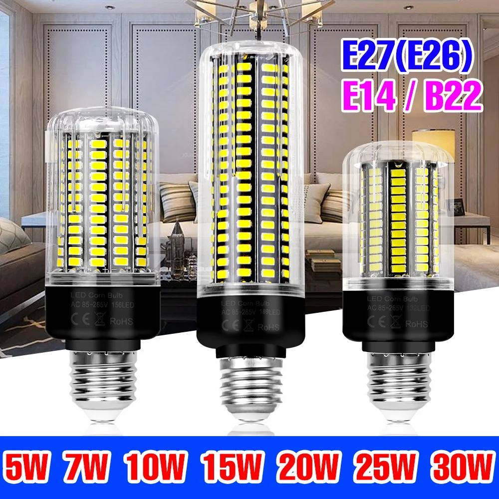 30W LED Corn Bulb E27/E26 Ceiling Light E14 Lamp AC220V Indoor Chandelier Bulbs 110V No Flicker Cold/Warm White For Home Bedroom