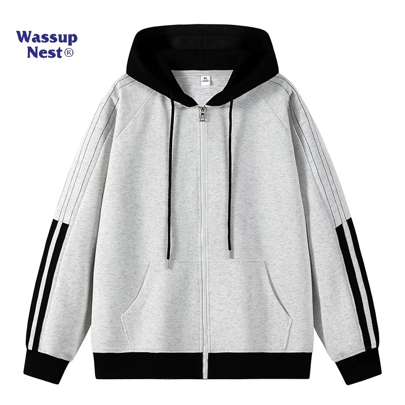 Spring and Autumn New Hooded American Side Striped Drawstring Jacket Casual Cardigan Men's Sweater