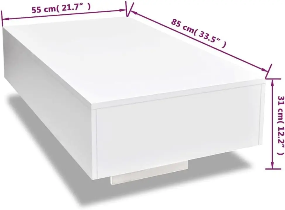 Modern Coffee Table In High Gloss White - Rectangular Table For Living Room, Easy To Clean Mdf, 33.5"" X 21.7"" X 12.2""