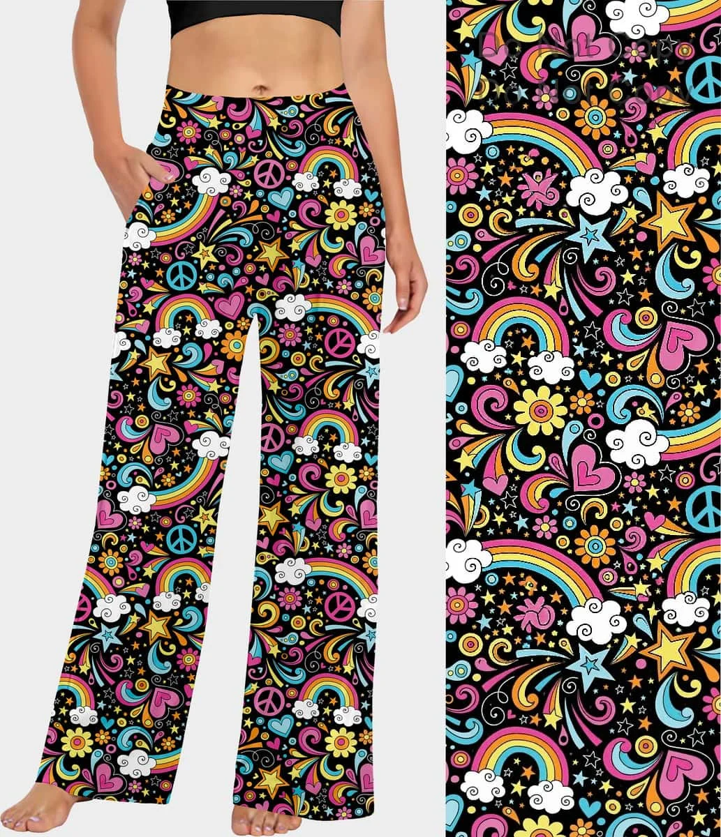 Women's rainbow print retro hippie colored heart-shaped nebula print casual 70s psychedelic sports pants