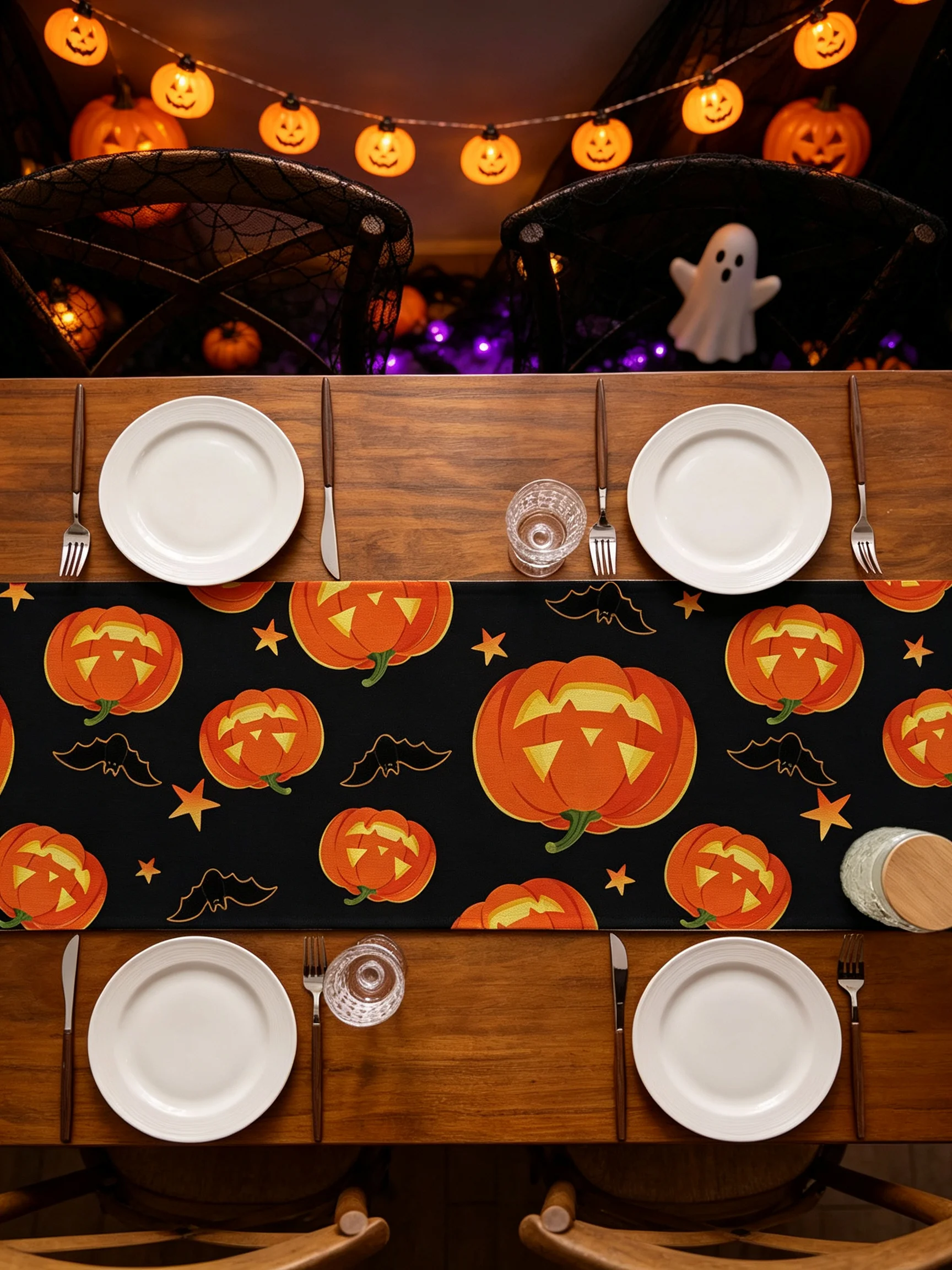 1Pc Halloween Vintage Table Runner Polyester Fabric Jack-o-Lantern Pattern Easy-Clean Ornamental for Holiday Dinner Party