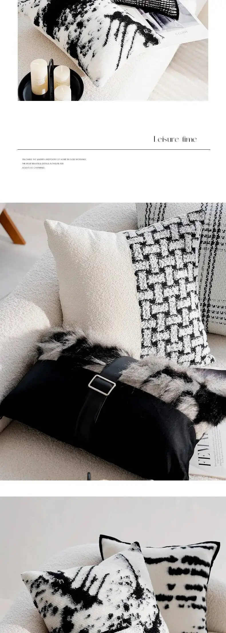 Elegante schwarz-weiße moderne Kissenhülle aus Chenille, weiches abstraktes Muster, Fell-Dekokissenbezüge für Sofa- und Bettdekoration – Detail 9