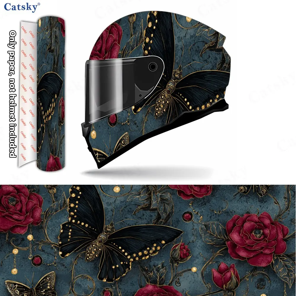 

Gorgeous Butterfly Retro Red Rose Helmet Vinyl Wraps, Waterproof Scratch-Resistant Full Face Helmet Decals, Durable PVC Artistic