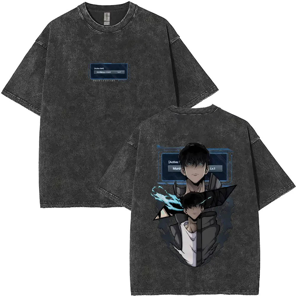 

Washed Vintage Anime Solo Leveling Sung Jin Woo T-shirt Men Women Casual Oversized Streetwear High Quality Cotton Retro T Shirt