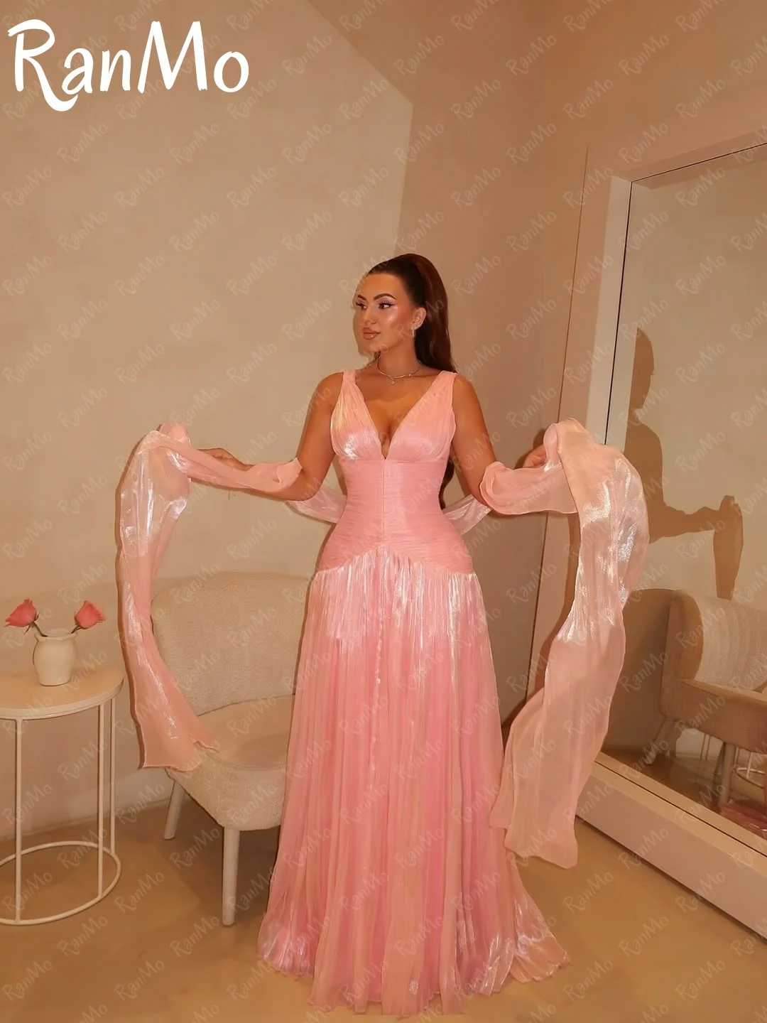 Ranmo 핑크 딥 브이 넥 이브닝 드레스 긴 라인 캡 슬리브 공식 드레스 여성 특별 이벤트를위한 우아한 드레스 맞춤형