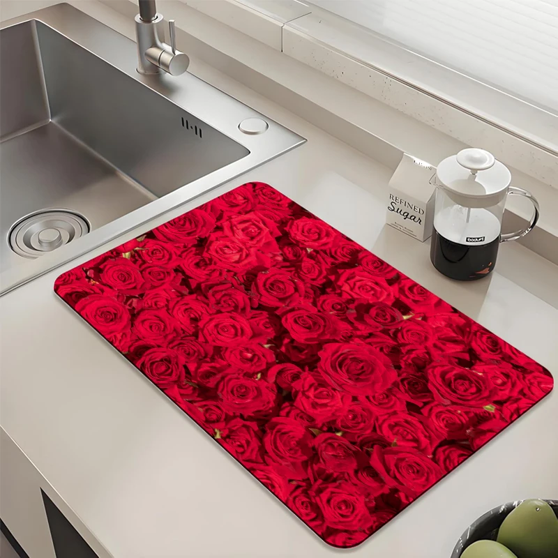 

Red Rose Pattern Kitchen Drying Mat - Absorbent Non-Slip Quick Dry Pad for Sink Countertop