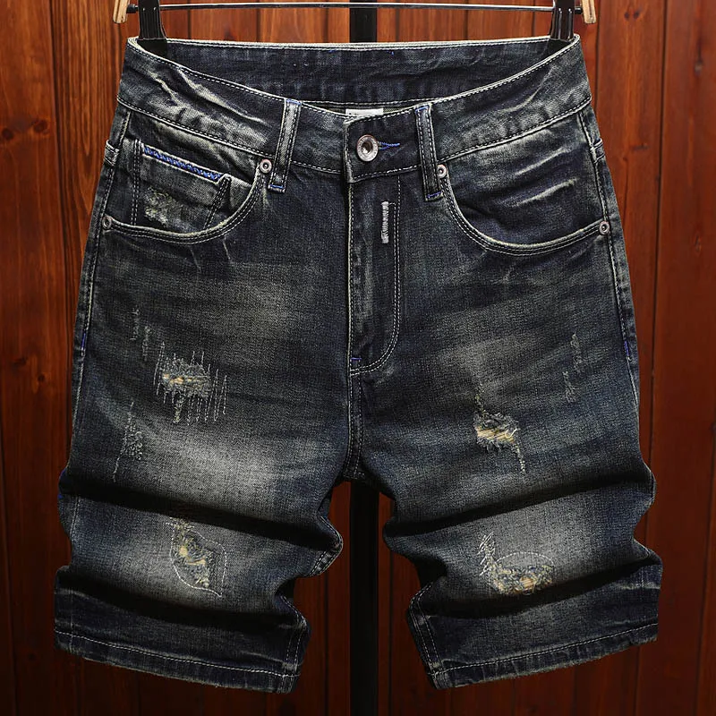 High end printed denim shorts for men, summer street fashion, rugged and handsome, retro vintage, casual five quarter pants