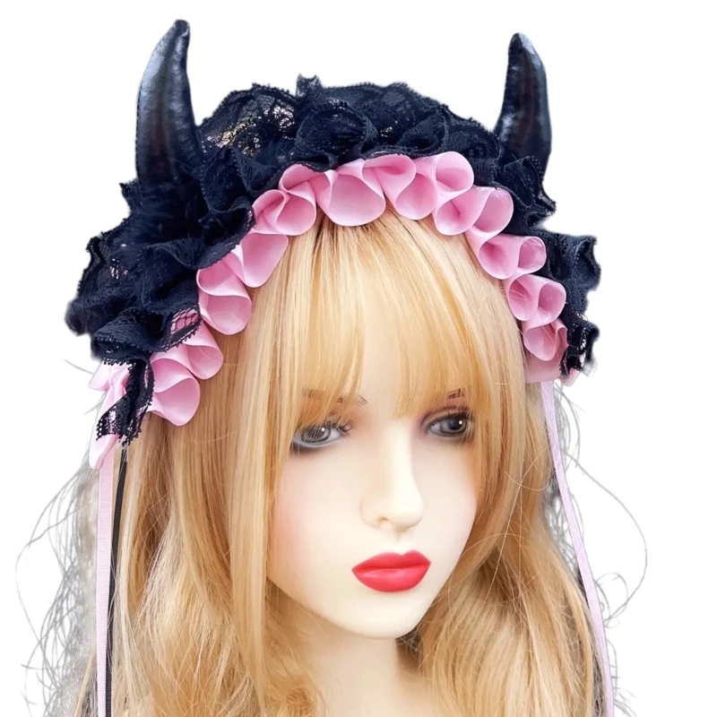 Creative Spooky Devil Horn Hairband Women Pleated Lace Makeup Skincare Headband for Halloween Photography Hairband