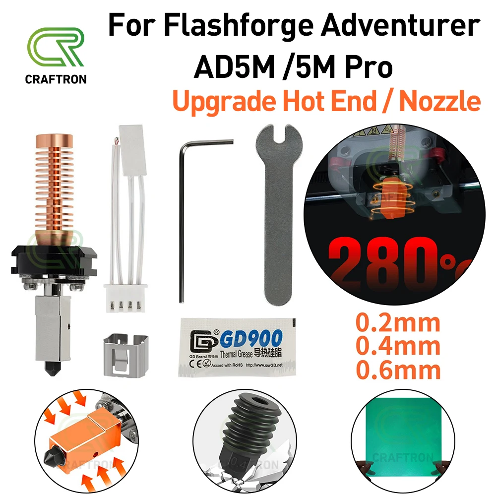 

For Flashforge Adventurer AD5M / 5M Pro Part Nozzle Hotend Kit 0.2mm/0.4mm/0.6mm High Speed Nozzles 3D Printer Accessories