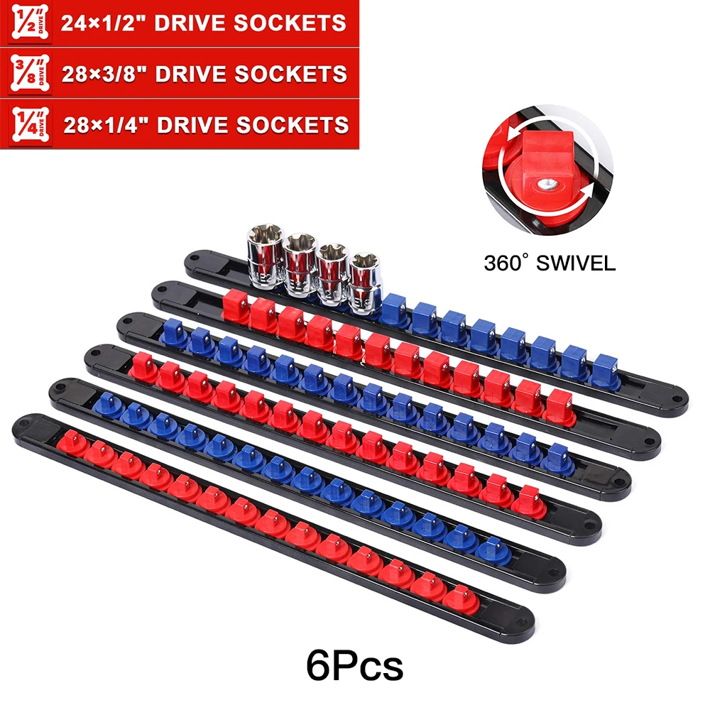 ABS Socket Organizer 1/2 inch 3/8 inch and 1/4 Clip Drive Socket Rail Holders Heavy Duty Socket Racks  with Red Blue Black Clips