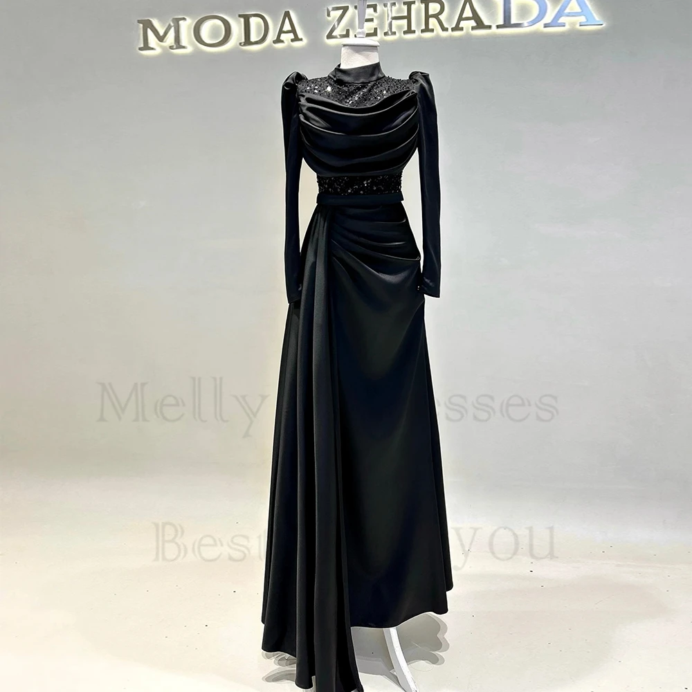 Black High Neck Islamic Evening Dresses with Sequined Satin Prom Gowns 2024 Summer Real Picture Zipper Robe De Soirée