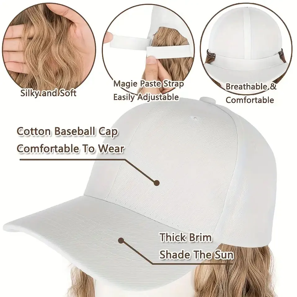 Benehair Baseball Cap with Hair Extensions 8inch Wavy Curly Bob Wigs Adjustable Wig Hat Synthetic Hairpiece for Woman