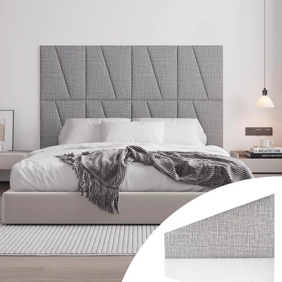 وعصا اللوح الأمامي لغطاء سرير كوين من القماش المنجد على الحائط ولوحة الحشو على الحائط باللون الرمادي الفاتح لغرفة النوم L