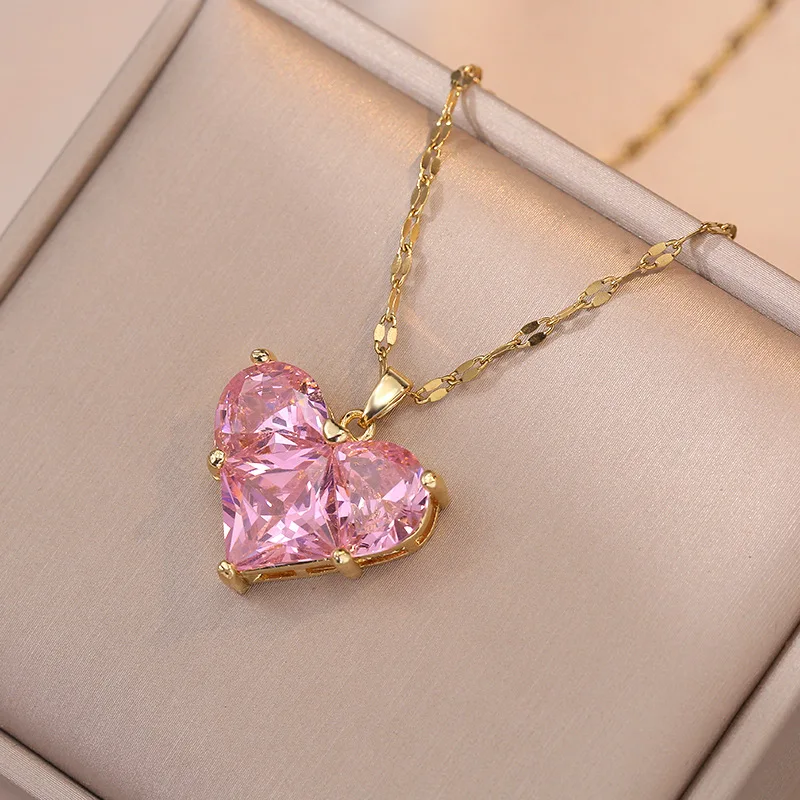 Fashion Cute Pink Heart Necklace Earrings Set Classic Niche Versatile Simple Wedding Clavicle Chain