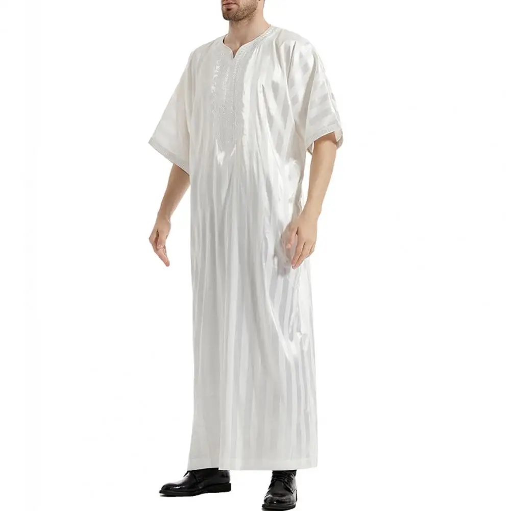 Robe retrô do Oriente Médio masculino, robe longo, o-pescoço, mangas meia, bordado listrado reto, comprimento do tornozelo, top de uso diário, tradicional