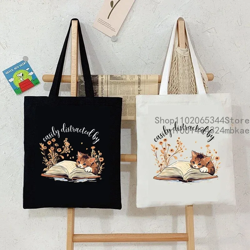 Canvas Tote Bags Cartoon Cat and Books Women\'s Shoulder Bag Wild Flower Book Club Shopping Bag Animal Kitten Bookworm Handbag