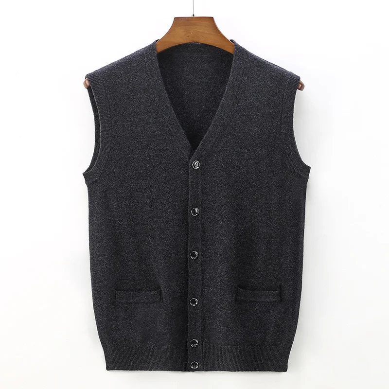 

Top Grade Luxury 100% Wool Men Business Casual Sweater Vest Fashion V-Neck Solid Color Knitted Sleeveless