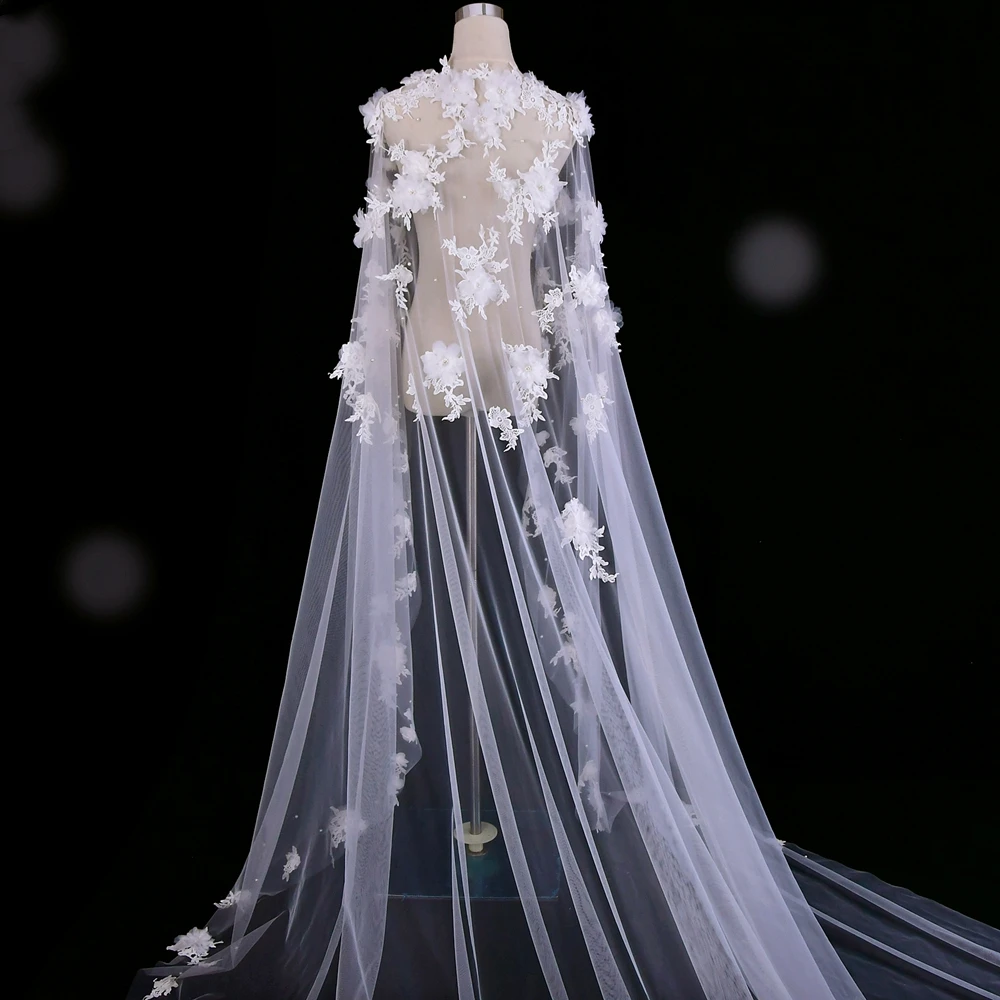 

JaneVini Luxury Lace 3D Flowers Wedding Cape for Bride Women Pearls Wedding Cloak White Shrug Long Bridal Wrap Ivory Tulle Stole