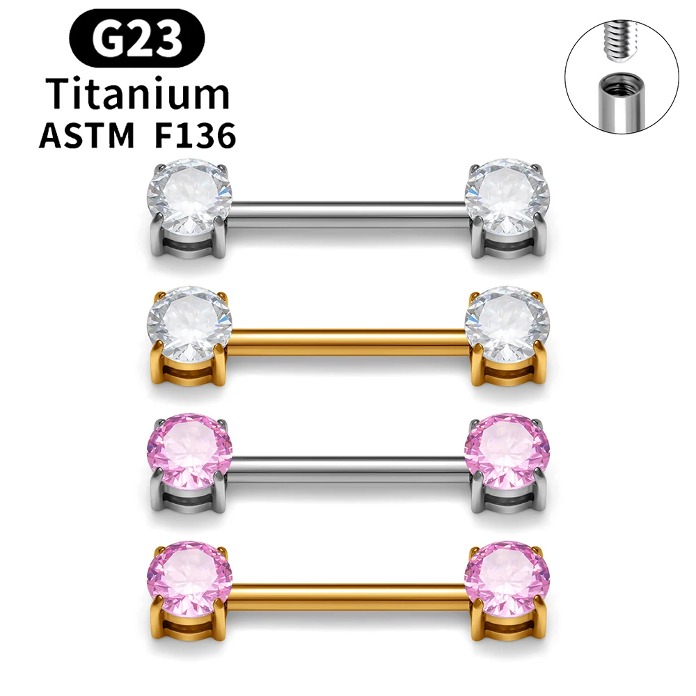 ASTM F136 Titanium 14G Round CZ Nipple Ring Internally Threaded Straight Nipple Barbell Piercing Body Jewelry