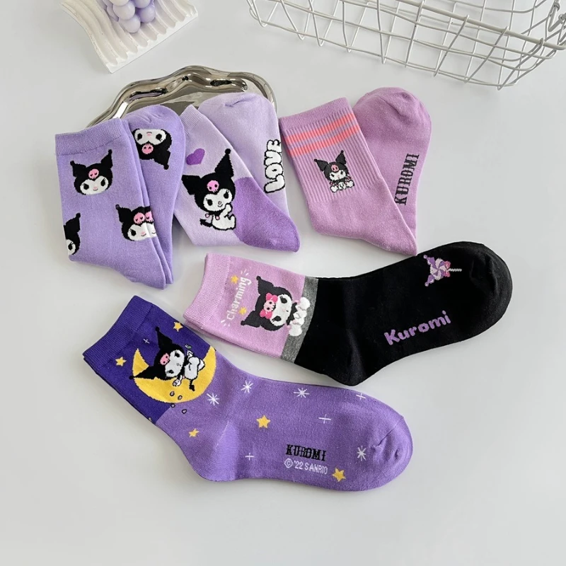 Meias Sanrio fofas de desenho animado para mulheres, requintadas meias roxas, alta estética, festa sonhadora, kuromi roxa, 1 par, 5 pares