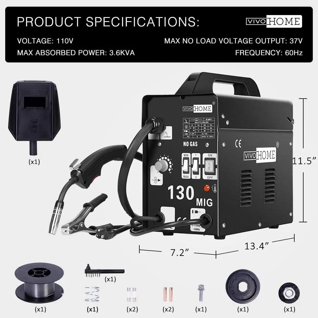 Imagem -06 - Máquina de Solda de Alimentação Automática Soldador Mig 130 Flux Core Wire sem Gás 110v Faça Você Mesmo Home Welder com Máscara Livre Preto Portátil