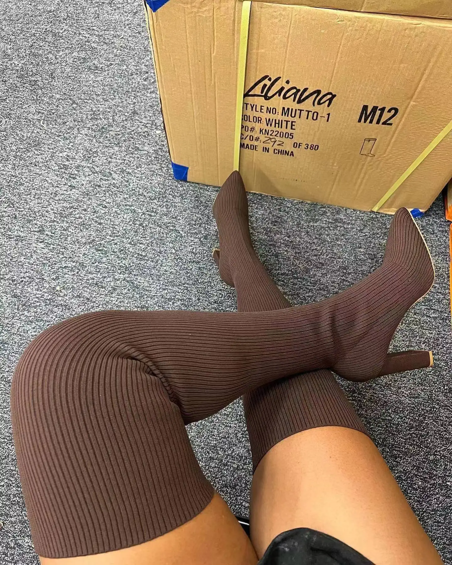 Women High Heels Boots Autumn Winter Breathable Knitting Sock Ladies Thigh High Boots Stretch Round Toe Shoes Plus Size36- 43