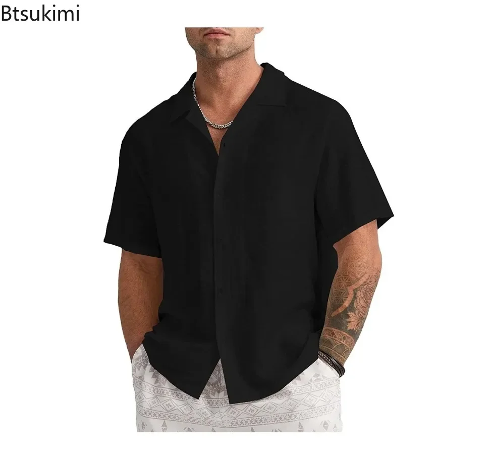 New 2025 Men's Solid Color Short-sleeved Shirts Summer Fashion Simple Cardigan Tops Soft Cotton All Match Lapel Shirts for Male