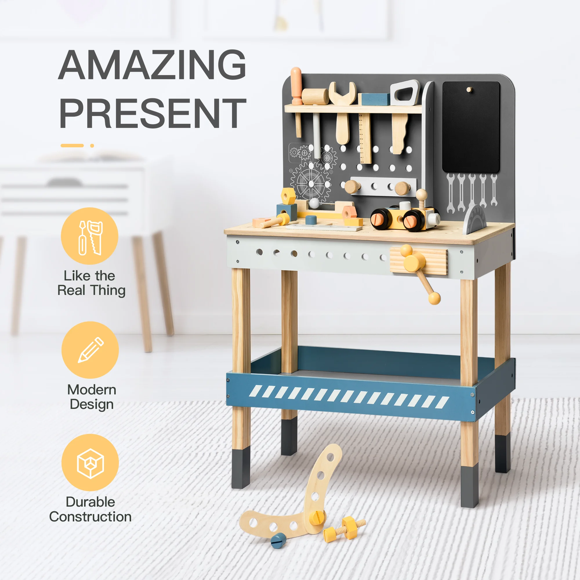 Modern Wooden Workbench with Blackboard for Kids, Tool Playset for Kids and Toddlers,Play Construction Sets for Kids