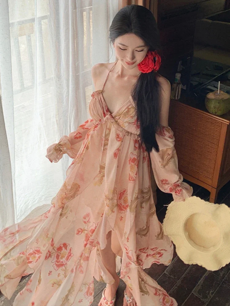 French elegant Off Shoulder Floral Beach Dress Women Sexy Sweet Halter Irregular Party Long Dresses Fairy Backless Y2k Vestidos