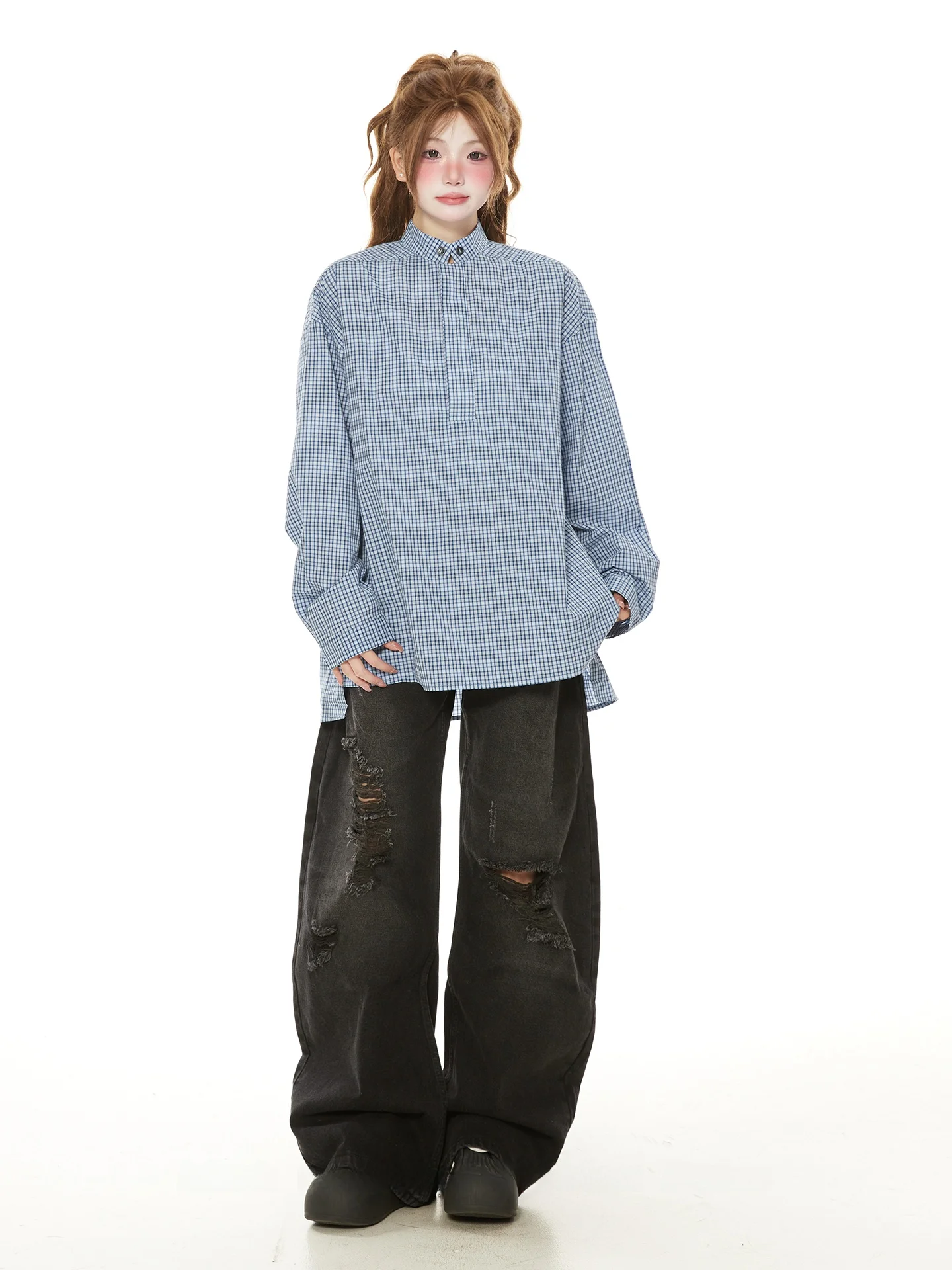 New Chinese Style Plaid Shirt Women's Autumn 2026 American Retro Loose Casual Overhead Cotton Button up Fashionable
