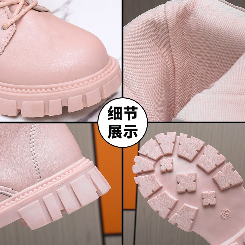 Girl Boats Students Beige Warm Pink Boots Tall Canister Shoes Children Fashion Flat Boots Size 27 To 37 Black Plush Shoes Winter