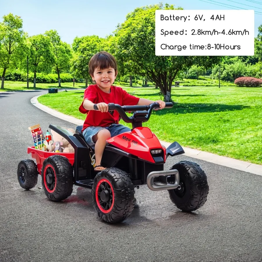 Kids Ride On Toys,6V Kids ATV Quad with Trailer for Toddlers 3 Year Old+, Electric Ride-On Car w/Wear-Resistant Tires,Music, For