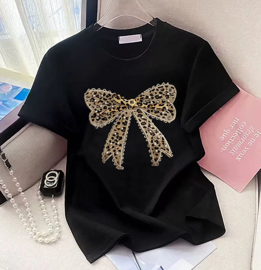 Buckle Pink Bear Beading T-shirt Heavy Handmade Diomand Shiny Bowknot Embroidery T Shirt Summer Tees Top Accessories Clothes