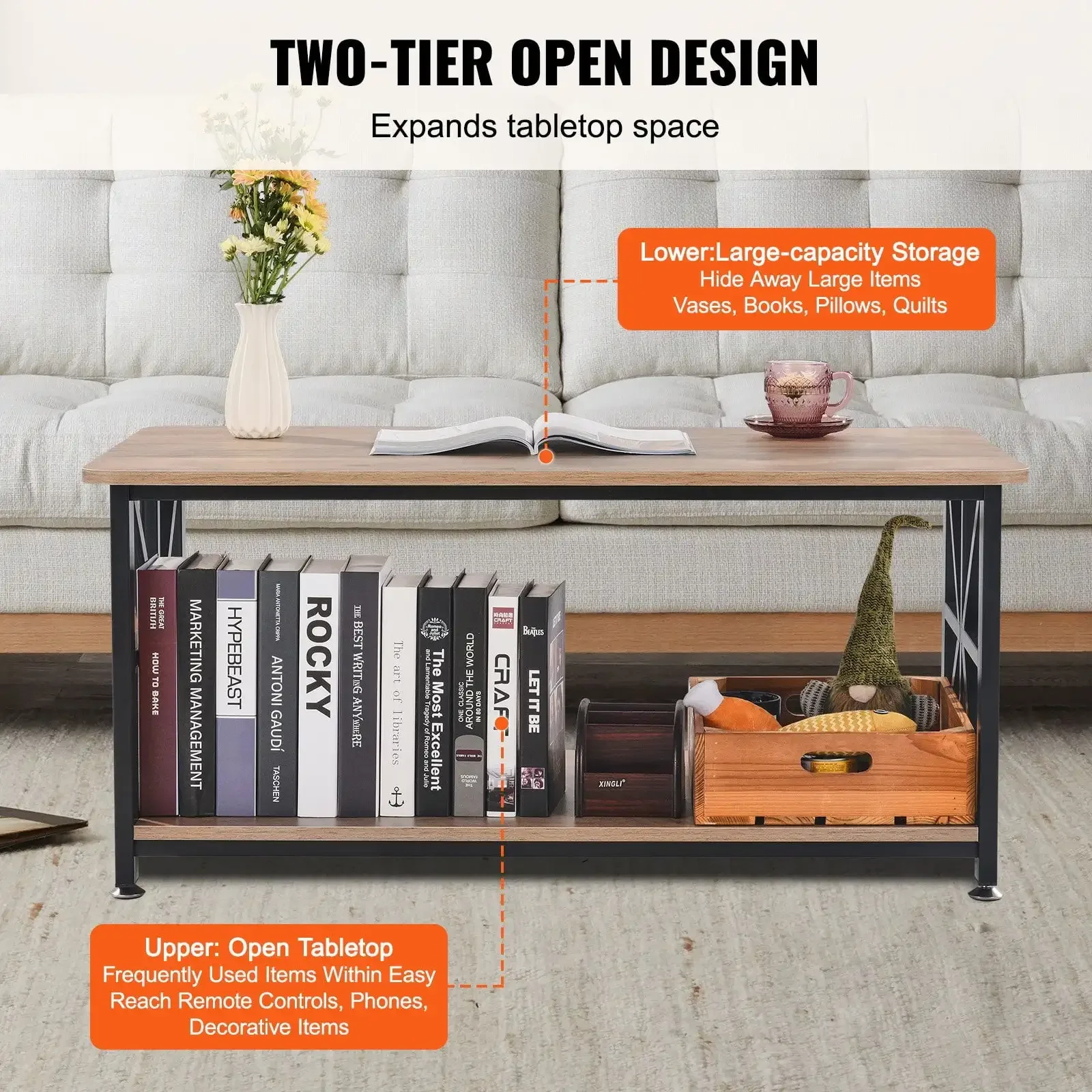 40" Farmhouse Coffee Table, Rectangle Coffee Table with Open Storage Compartment