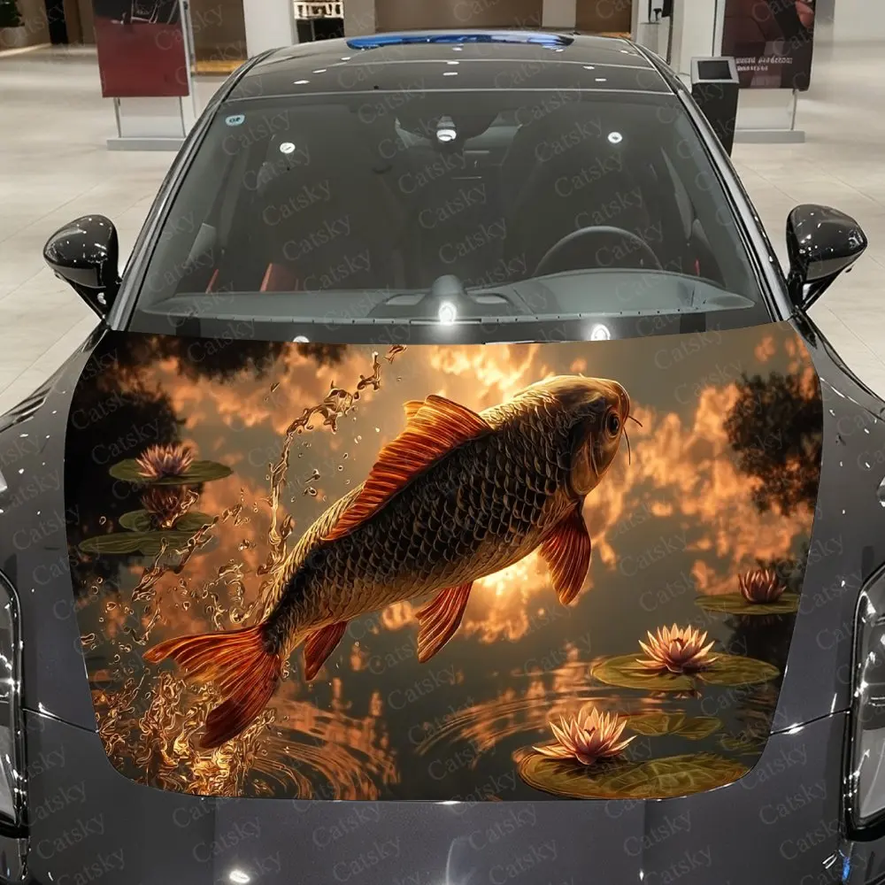 Gilded Leaping Carp Car Vinyl Wrap, PVC Waterproof Car Hood Sticker, Self-Adhesive Scratch-Resistant Stickers
