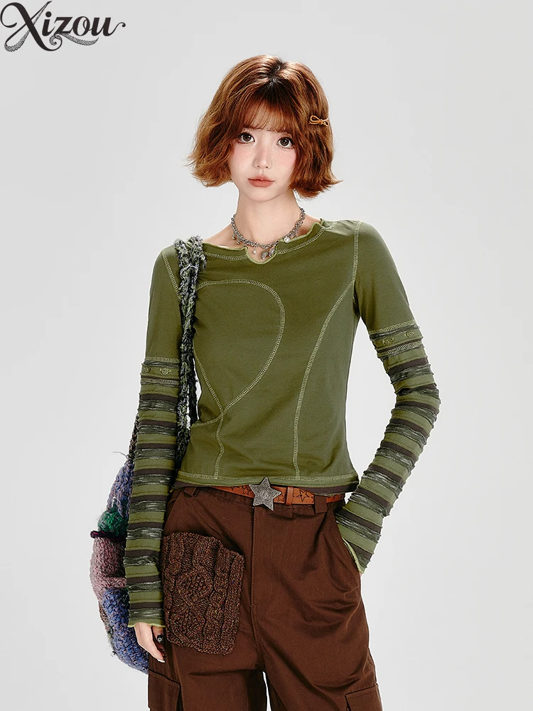 T-Shirts Women American Spicy Girl Korean Street Waste Soil Striped Sleeve Two-Way Slim Fit Green Tees Short Top Spring Autumn