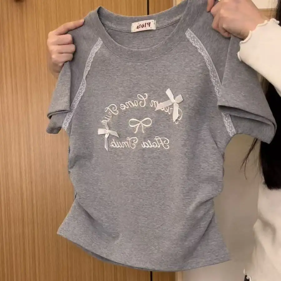 Summer Women's New Arrival Women's College Style Waist-cinching Embroidered Letter Bow Lace Raglan Short-sleeve T-shirt