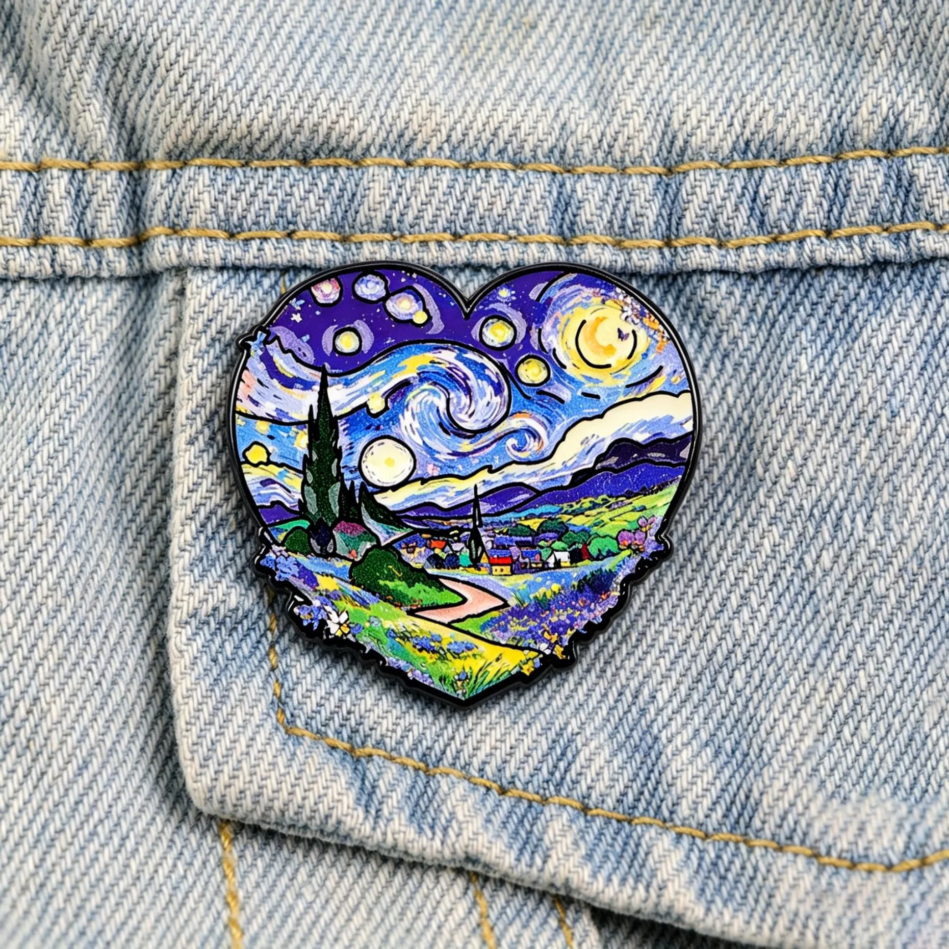 Van Gogh Starry Night Enamel Pin Heart Shape Art Brooch Oil Painting Lapel Pin For Backpack Jeans Bag Unique Jewelry Gift