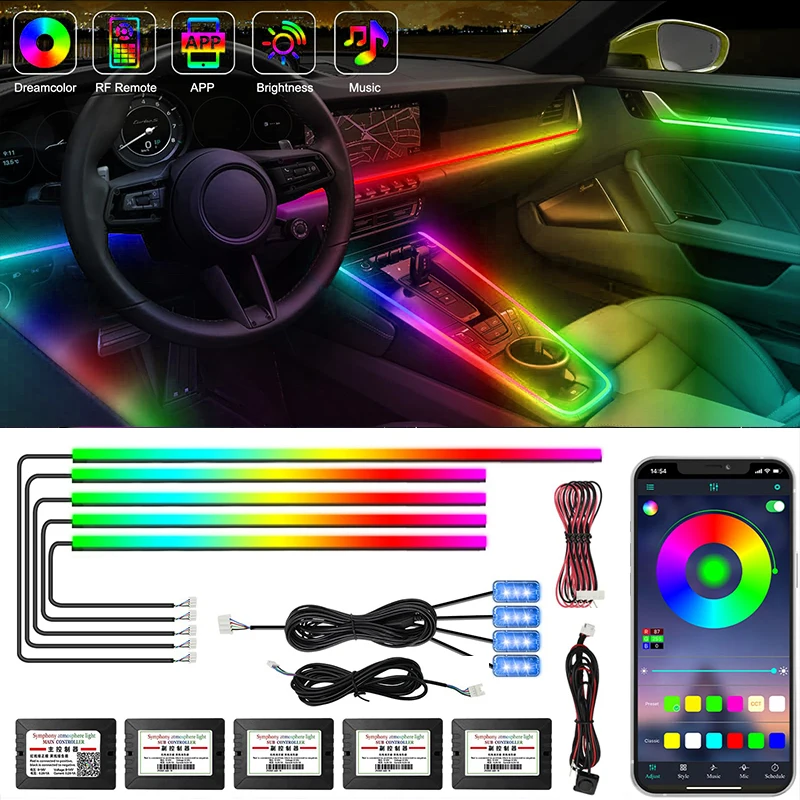 64 RGB Car Universal Ambient Lights Strips Colorful Auto Atmosphere Rainbow Lighting Acrylic Neons Lamps App Contro Symphony LED