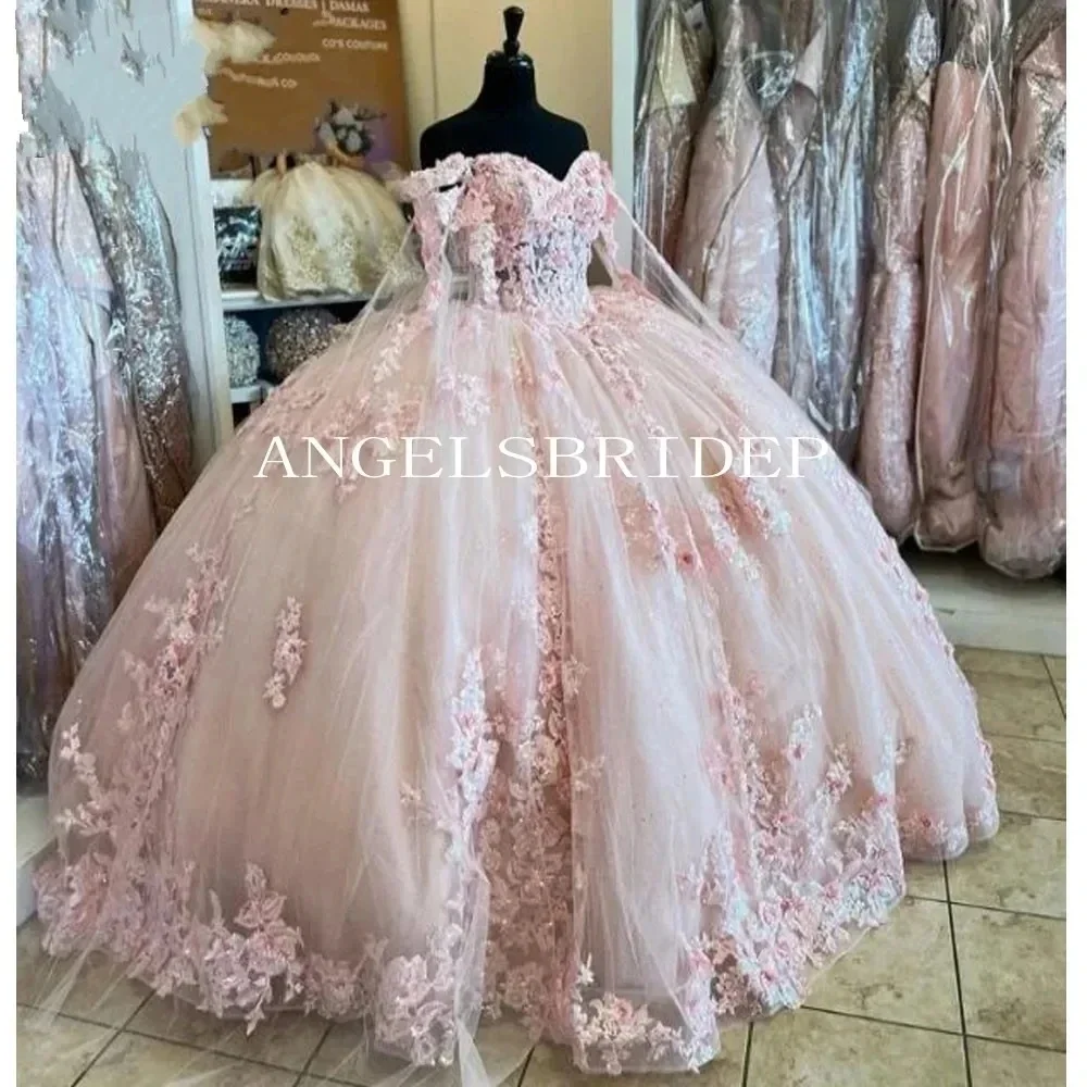 Funkelnde Prinzessin hellrosa Quince anera Kleid Illusion 3d Blumen Spitze Applikationen Roben de Soirée Mädchen Geburtstags feier Ballkleid