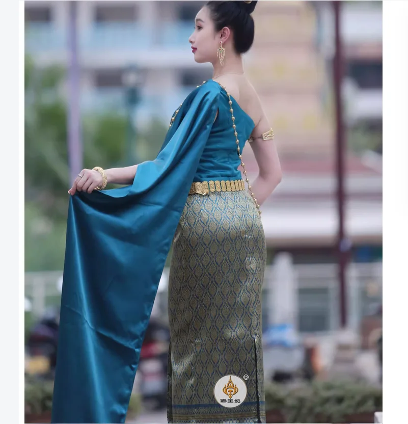 Thai traditional clothing women's single shoulder chiffon top skirt three piece set for fashion show welcome suit