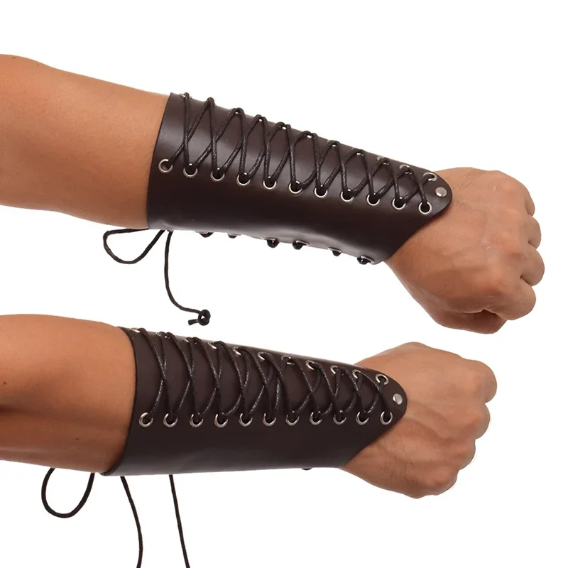 Middeleeuwse Brede Bracer Mannen Nordic Leather Lace Up String Arm Armor Manchetten Cosplay Props Steampunk Kostuum Handschoen Polsband