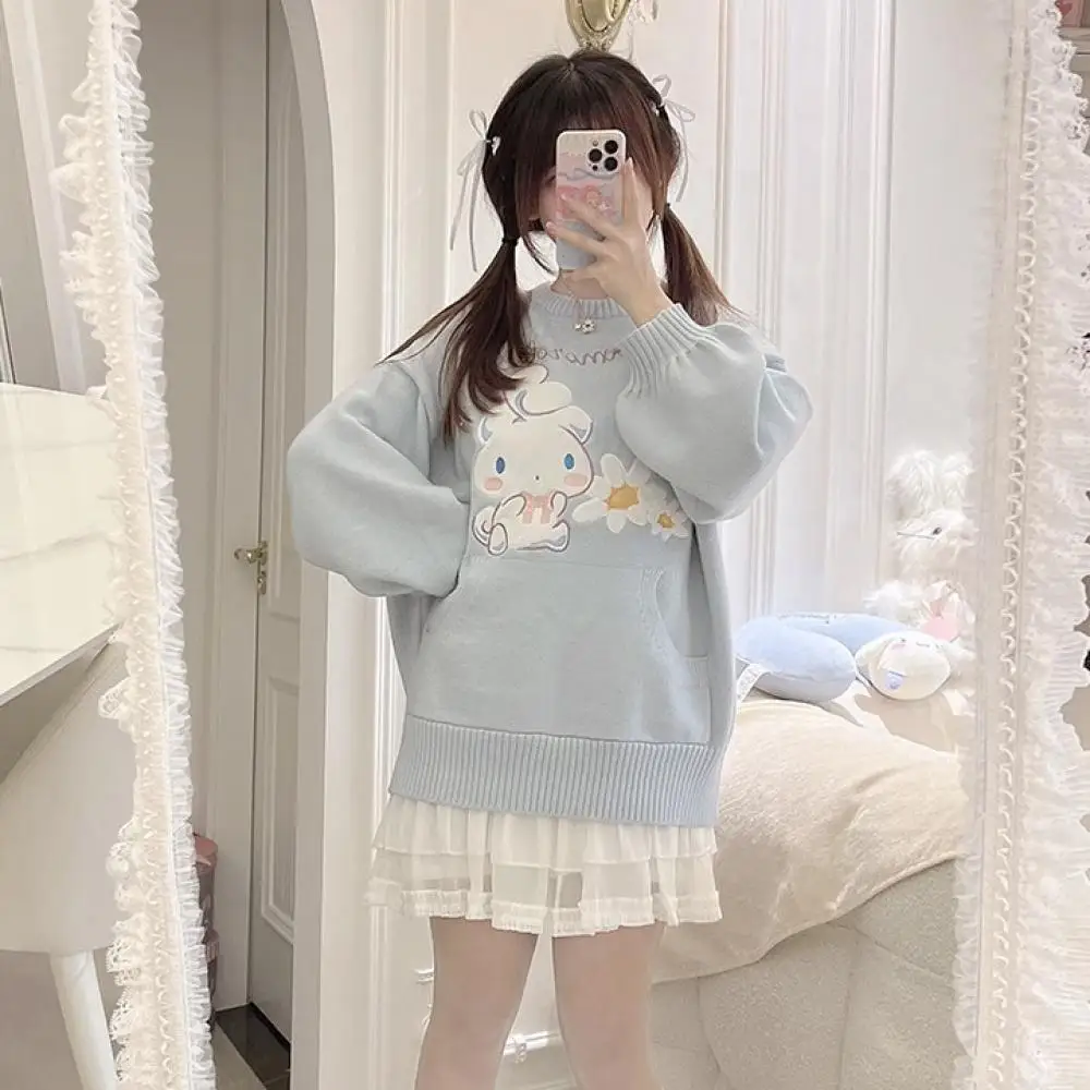 Anime Sanrio Cinnamoroll Girl Embroidery Sweater Spring Autumn Cartoon Cute Loose and Sweet Knitted Tops Long Sleeves Gifts