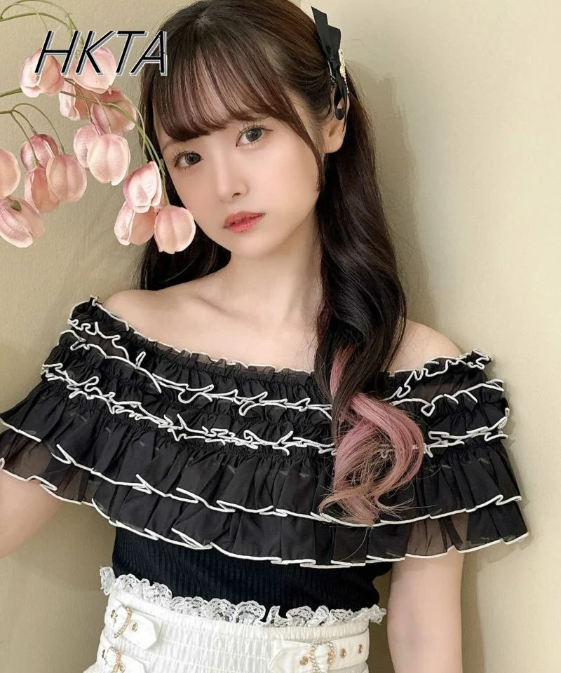

Japanese Princess Style Ruffle Leaf Edge Off-the-shoulder T Shirt Women's Elastic Slim-fit Knitted Lantern Sleeve Tshirts Top