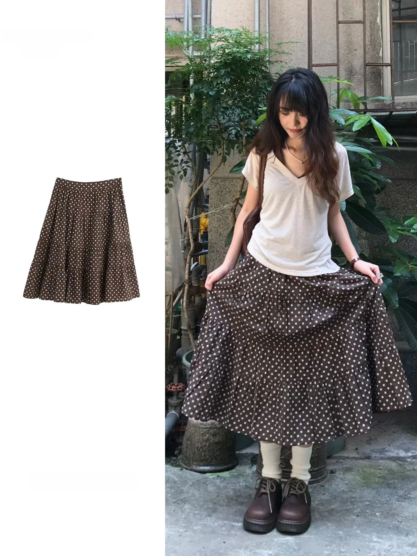 

Large Size Sweet Japanese Brown Polka Dot Half Skirt Summer New Style Student Art Splicing Mid-Length Cake Skirt